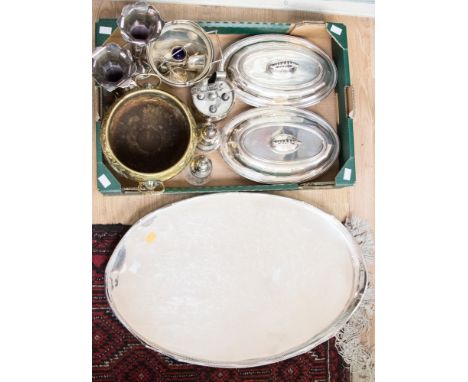 Collection of silver plated items including, two entree dishes, large tray, vases, sugar sifter, cocktail making tools, brown