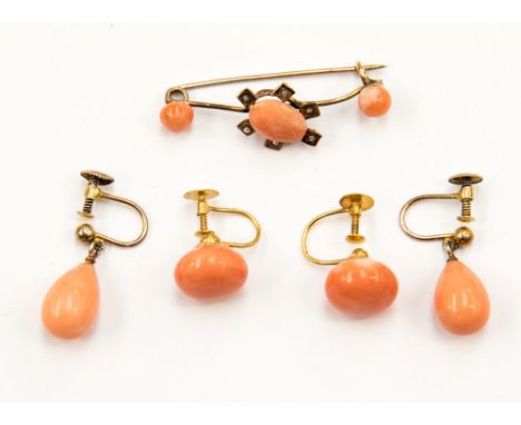 Three items of coral set 9ct gold comprising a brooch and two pairs of earrings