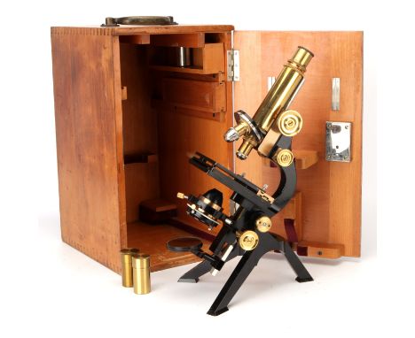 A Leitz 'Tripod' or 'English Stand' Microscope signed 'Ernst Leitz Wetzlar No201941', lacquered brass body tilting on trunnio