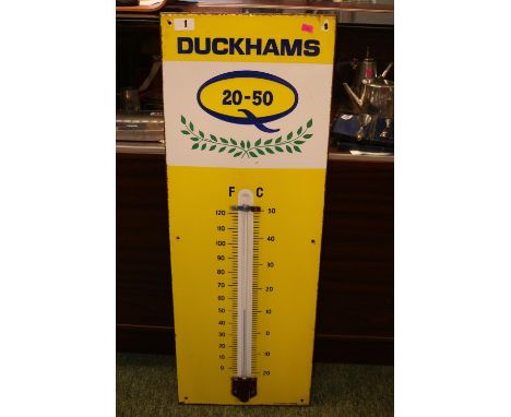 Duckhams Motor Oil thermometer Vitreous enamel, 91 x 33 cm in working condition 