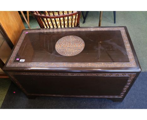 Asian Camphor wood Blanket box with carved detail supported on bracket feet 