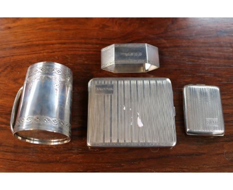 Collection of Silver items to include Cigarette Box, Match Vesta, Sorley of Glasgow Silver Christening cup and a Silver Napki