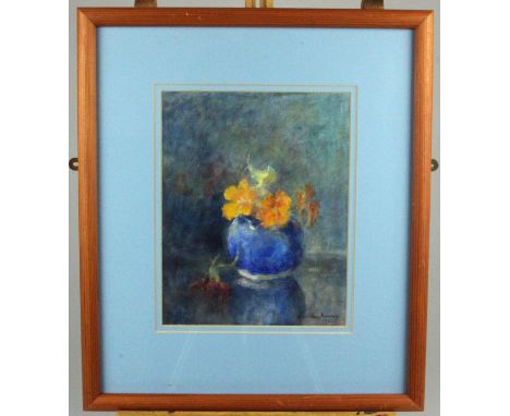 Original Painting By the renowned Hertfordshire artist Kathleen M Downing. "Blue Vase &amp; Nasturtiums" Oil on Canvas. Measu