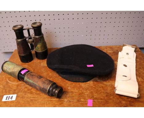 Territorial Telescope No.3, Pair of Binoculars, HMS Wrens Cap and a White Belt marked M J Nuttall 56040 