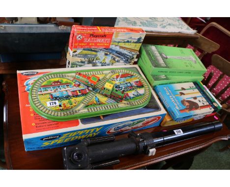 Collection of Vintage Children's toys to include Zippity Speedway, Inclination, Tin Plate British Clock work train etc 