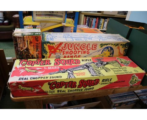 Collection of Vintage Children's Games inc. Jungle Shooting Range by Marx, Copter Squad Rifle by Marx and a boxed Cap Firing 