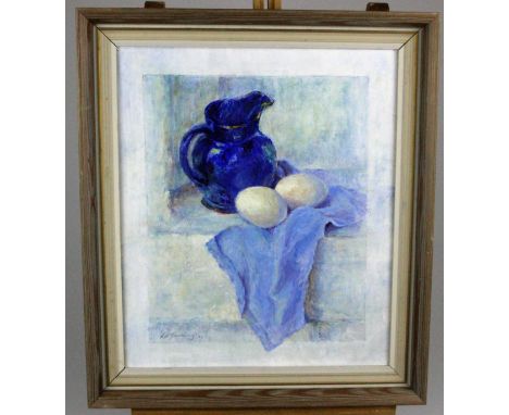 Still life paintings by the renowned Hertfordshire artist Kathleen M Downing, "Study in Blue" Oil on Canvas. Painted in 1995.