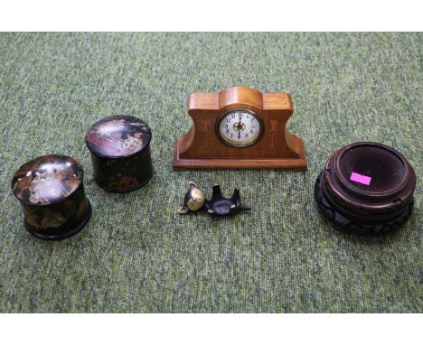 Edwardian Inlaid Mantel clock with numeral dial, 3 Japanese paper Mache powder pots, Walter Bosse Cat and 2 Chinese Hardwood 