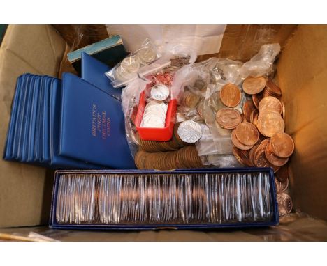 Box of assorted British coins to include First Decimal Sets, 50p Coins, Penny Coins 