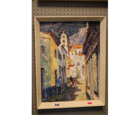 Algarve Village Original Oil on Board Framed 2012. By the renowned Hertfordshire artist Kathleen M Downing. Measures 34cm by 