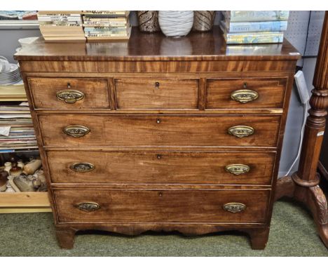 19thC Mahogany chest of 3 over 3 drawers with oval brass drop handles with bracket apron front 