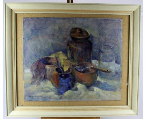 Original still life painting by the renowned Hertfordshire artist Kathleen M Downing. "Pots &amp; Jars" Mixed Media 1993. Mea