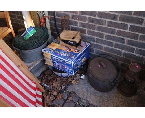 Cast Iron Cook pot, Vintage Storm Lamp and assorted Bygones 