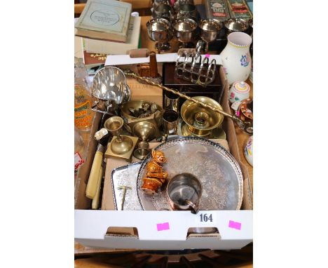 Box of assorted Bygones to include Rosewood Caddy, Brassware, Silver plate etc 