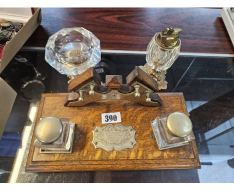 Edwardian Oak Presentation Desk stand with matching inkwells and Decorative Silver plated Desk ashtray and table lighter 