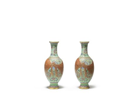 A RARE PAIR OF GREEN-GROUND FAMILLE-ROSE TROMPE L'OEIL VASESQianlong Each vase delicately potted with an ovoid body rising fr