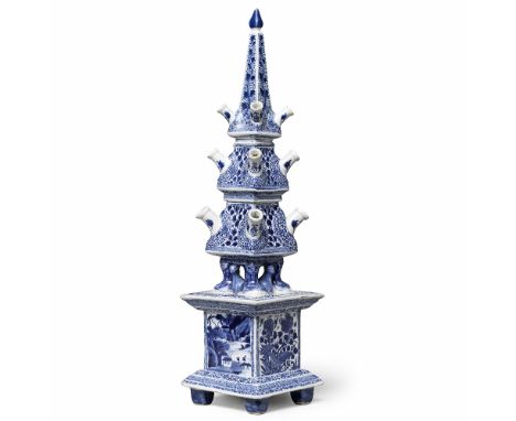 A LARGE AND RARE BLUE AND WHITE DELFT-STYLE TULIP HOLDERKangxiElaborately constructed in the manner of a Dutch Delft original