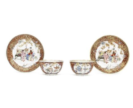 A FINE PAIR OF FAMILLE ROSE EGGSHELL TEABOWLS AND SAUCERSYongzhengEach saucer very delicately enamelled at the centre of the 