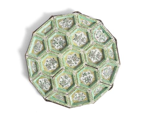 A FINE AND RARE FAMILLE VERTE NINETEEN-DISH SWEETMEAT SETKangxiVariously shaped as five-and-six-sided shallow trays with flat