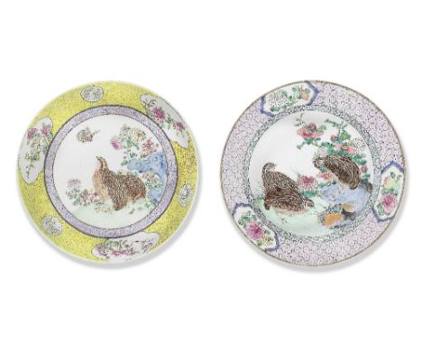 TWO RARE FAMILLE ROSE EGGSHELL 'QUAIL' RUBY-BACK DISHESYongzhengThe first deep dish delicately enamelled at the centre with t