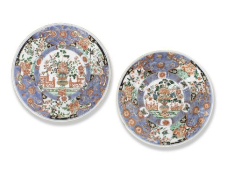 A PAIR OF VERTE-IMARI FIGURAL DISHESKangxiBoldly and densely painted in pale blue and enamelled in black, green, and iron-red