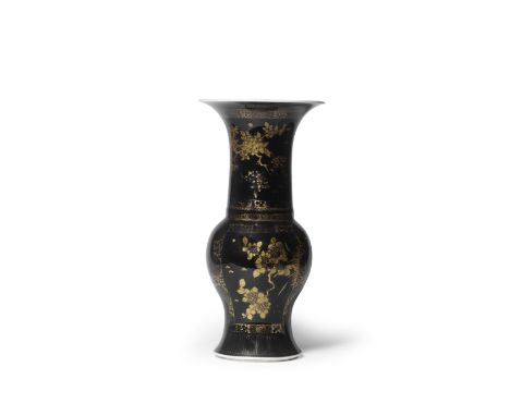 A LARGE MIRROR-BLACK-GLAZED AND GILT-DECORATED YEN YEN VASEKangxi Very brightly gilt all around the lower baluster section wi