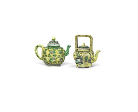 TWO FAMILLE VERTE TEAPOTS AND COVERSKangxiOne of hexagonal form with high arched handle enamelled on each face on a pale yell