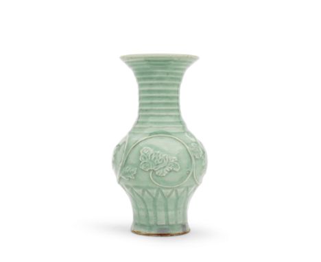 A LONGQUAN CELADON-GLAZED 'PHOENIX-TAIL' VASE, YEN-YENYuan DynastyThe broad body applied with a single long continuous tendri