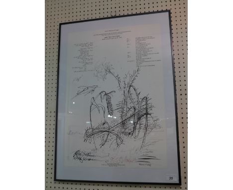 A lithograph of a Ralph Steadman drawing for an anti war poem by samih al Qasim signed by both poet and Steadman (double sign