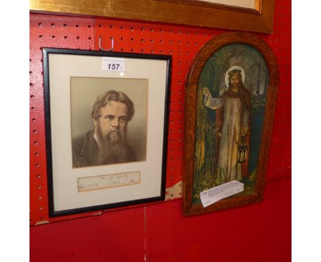 William Holman Hunt's signature in pen, taken from a letter dated 1875, framed with a portrait of William Holman Hunt and a p