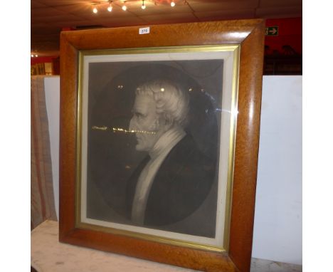 A 19th century engraving on canvas, portrait of a man, in a maple frame 
