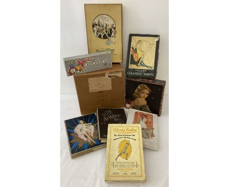 A collection of empty clothing, cosmetic and biscuit boxes. Comprising: Carr's Glamour tin, Nenboro Famous  Lisle Stockings, 