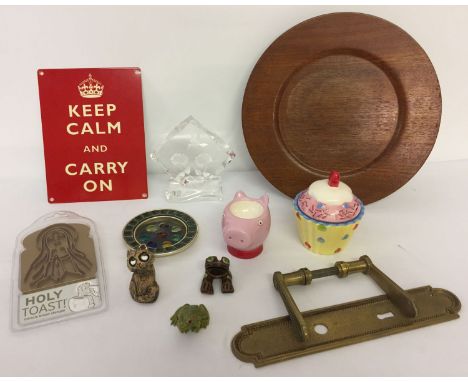 A collection of assorted misc. items. To include: brass door handle and finger plate, ceramic panda cruet, enamel sign and mo