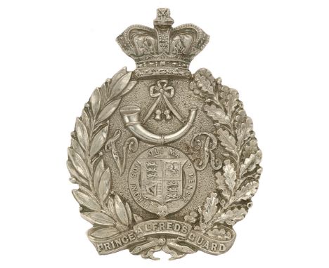 Badge. South Africa. Prince Alfred's Guard post 1874 Victorian helmet plate.  Good scarce die-stamped white metal crown laure