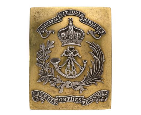 Badge. 68th (Durham Light Infantry) Regiment Victorian pre 1855 Officer's shoulder belt plate.  Good scarce copper gilt recta