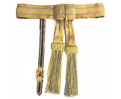 RAF Air Officer's waist sash.  Good scarce gold two and a half inch silk net example with two quarter inch RAF blue silk line