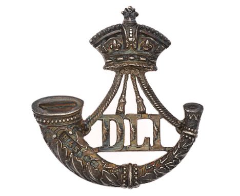 Durham Light Infantry Victorian Officer's 1889 HM silver DLI pagri badge.  Fine Birmingham hallmarked die-stamped bugle ornam