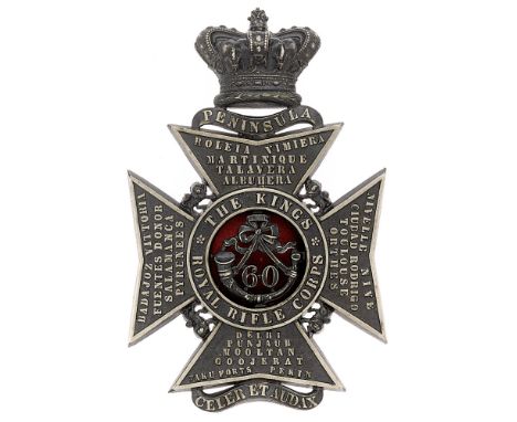 Badge. 60th King's Royal Rifle Corps Officer's helmet plate circa 1878-81. Fine, scarce short lived die-stamped blacked silve