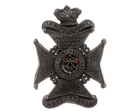60th Kings Royal Rifle Corps Victorian glengarry cap badge circa 1874-81.  Good scarce die-stamped blackened brass crowned PE