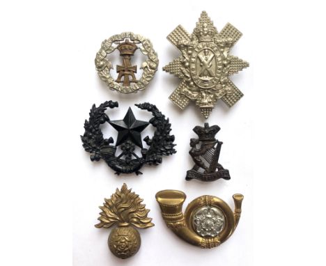 6 Victorian Infantry cap badges.  Yorkshire ... Black Watch ... Cameronians ... Royal Irish Rifles ... Royal Fusilers ... Kin