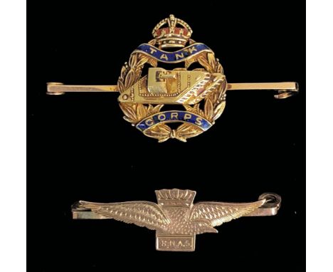 Tank Corps &amp; RNAS Gold &amp; Enamel Regimental Sweetheart Brooches.  The Tank Corps is a  fine example by CP &amp; Co. in