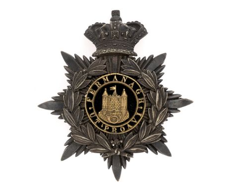 Badge. Irish. Fermanagh Light Infantry Militia Victorian Officer's helmet plate circa 1878-81.  Fine rare variant silvered cr