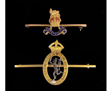 Royal Army Pay Corps and Royal Signals Regimental Sweetheart Broochs.  RAPC gold bar brooch bearing Corps crest in red and bl