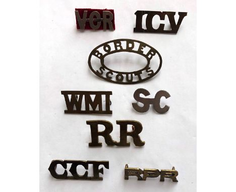 8 South African Boer War sheet brass / silver shoulder titles.  Natal Volunteer Composite Regiment (sheet silver) ... First C