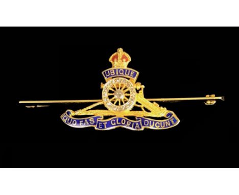 Similar Royal Artillery 14ct Gold Regimental Sweetheart Brooch.  This Royal Artillery bar brooch, is set with small diamond c