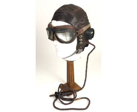 WW2 RAF Late C Type Flying Helmet and Wiring A very good example brown chrome leather, fitted with goggle straps and elastic 