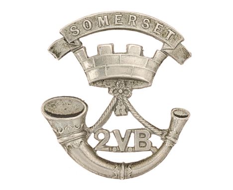 2nd (Taunton) VB Somerset Light Infantry cap badge circa 1896-1908.  Good scarce die-stamped white metal bugle horn strung fr