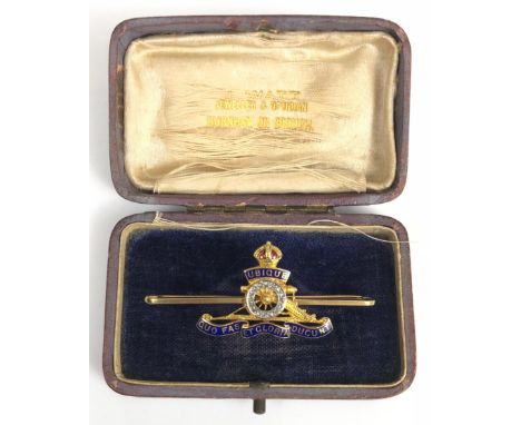 Royal Artillery 15ct Gold Regimental Sweetheart Brooch.  This Royal Artillery bar brooch, is set with small diamond chips to 