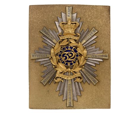Badge. 32nd (Cornwall) Regiment Victorian Officer's shoulder belt plate circa 1843-55.  Fine scarce rectangular matt gilt see