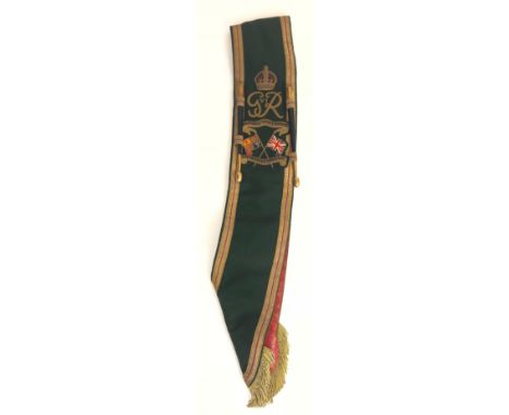 Imperial Light Horse Drum Major's Sash. A rare and decorative George VI example. Green cloth ground, embroidered with a GVIR 